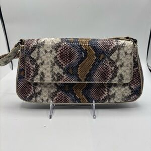 Textured Snake-Print Shoulder Bag in Cream, Pink & Tan